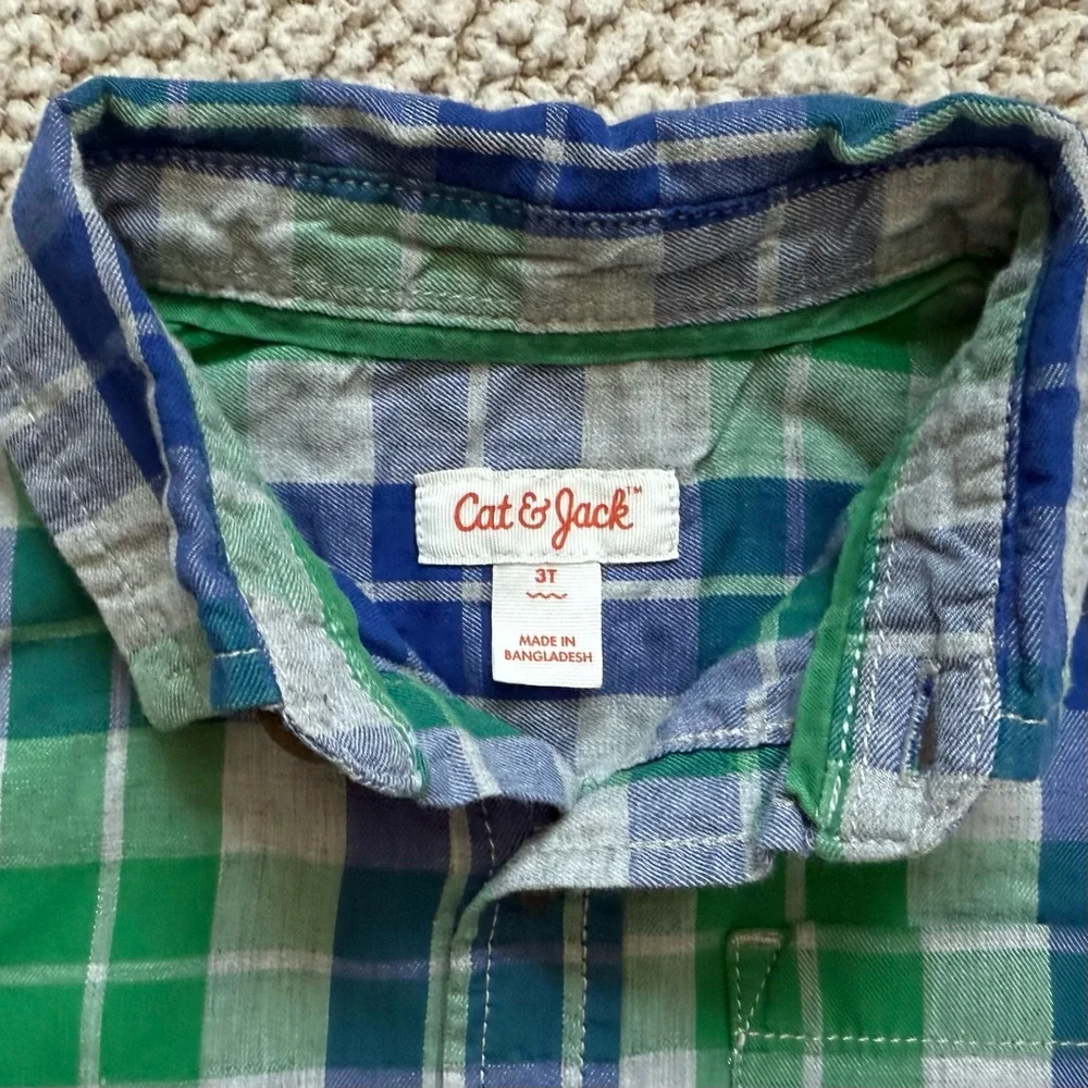 🧸 Adorable Outfit • Blue & Green Plaid Shirt with Blue Corduroys + Grey Sweater